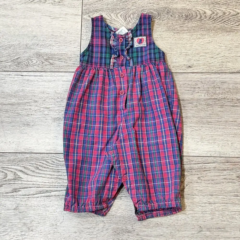 Vintage OshKosh Baby B’Gosh Red Purple Plaid Bubble Romper Size 6-9 Months 80s